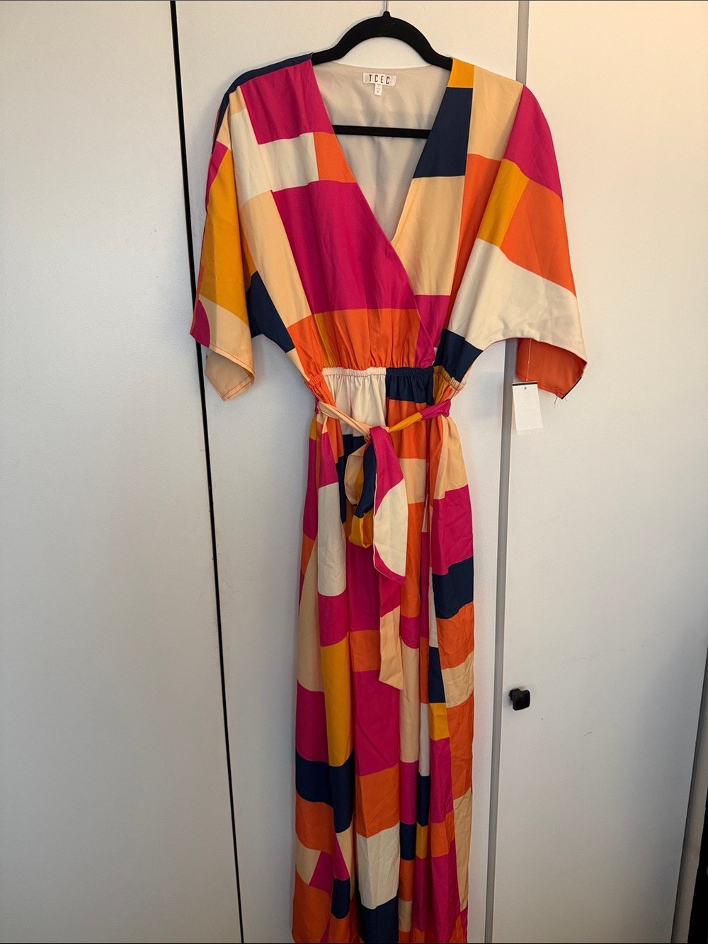 Geometric Colorblock Maxi Dress in Pink, Orange & Navy